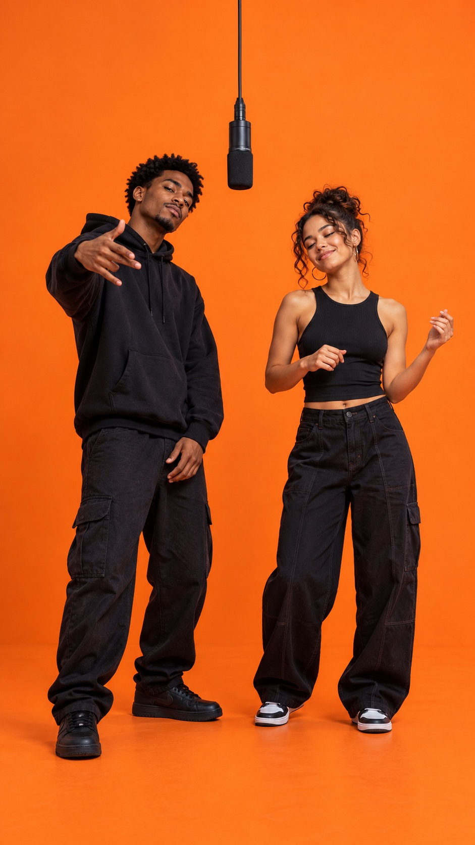 Scene concept: two fictional performers beneath a hanging microphone in an orange booth